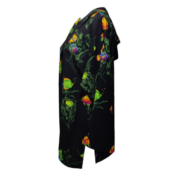 Vintage 80s Connie Choi Neon Fish Print Black Long Line Open Front Hooded Shirt - Picture 5 of 8